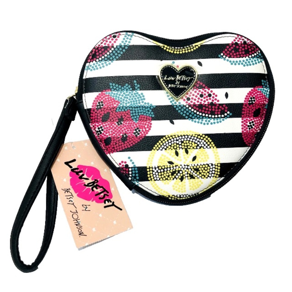 Betsey Johnson Heart Wristlet in Black, White, Pink, Teal & Yellow